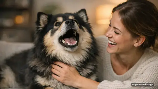 A fluffy dog with its mouth wide open, looking like it's laughing, is being petted by a smiling woman.