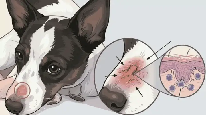 Illustration shows what ringworm looks like on a dog: a red, scaly patch with broken hairs on the nose, magnified to show skin layers.